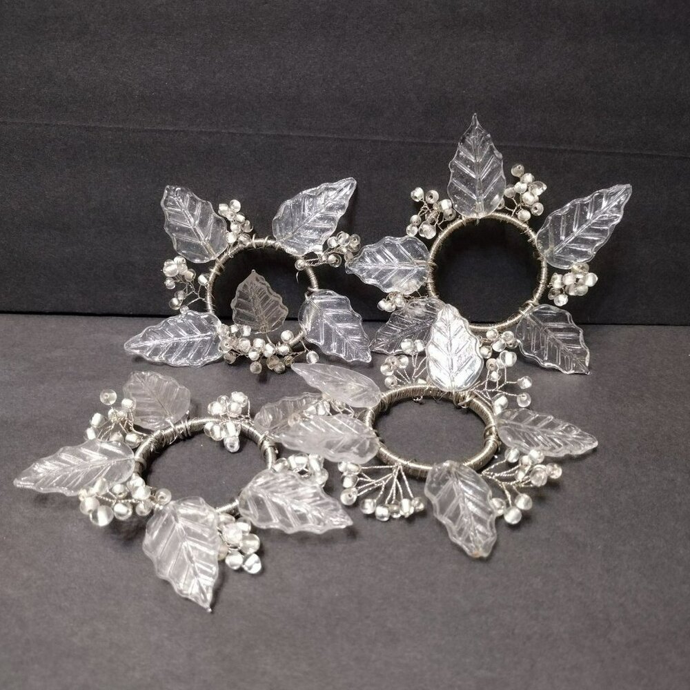Silver and Clear Napkin Rings, set of 4, Acrylic Leaves and Beads with wire EUC - Picture 1 of 4